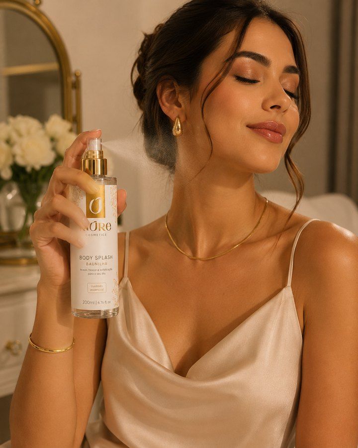 Woman in silk dress applying Mûre Vanilla Body Splash